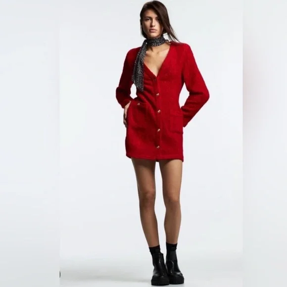 ZARA Textured Weave Blazer Dress Burgundy Red Gold Size S - Picture 6 of 16